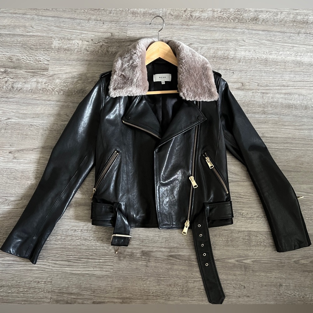 Reiss - Dree Shearling Collar Leather Moto Jacket